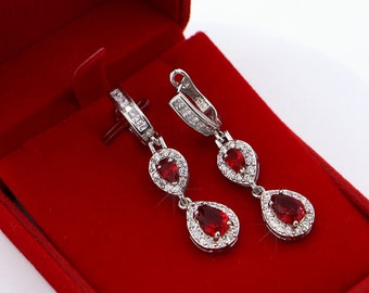 Romantic Red Crystal Dangle Earrings, Perfect for Weddings - Rhodium Plated