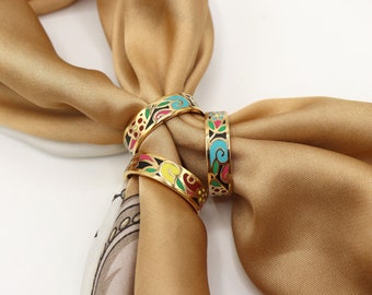 Elegant Gold Plated Neckerchief Ring with Multicolored Enamel Pattern - Statement Accessory for Fashionable Women