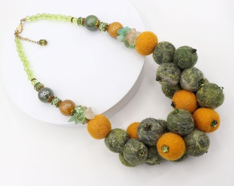Green & Orange Wool Necklace - Felt Necklace - Designer necklace - Winter Necklace - Handmade Jewelry - Wool felted jewelry