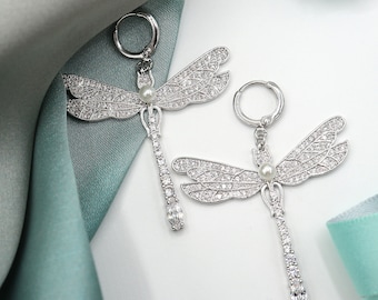 Diamond Royal Dragonfly Earrings - Wedding earrings - Dangle Earrings - Long Diamonds Earrings - Evening Earrings