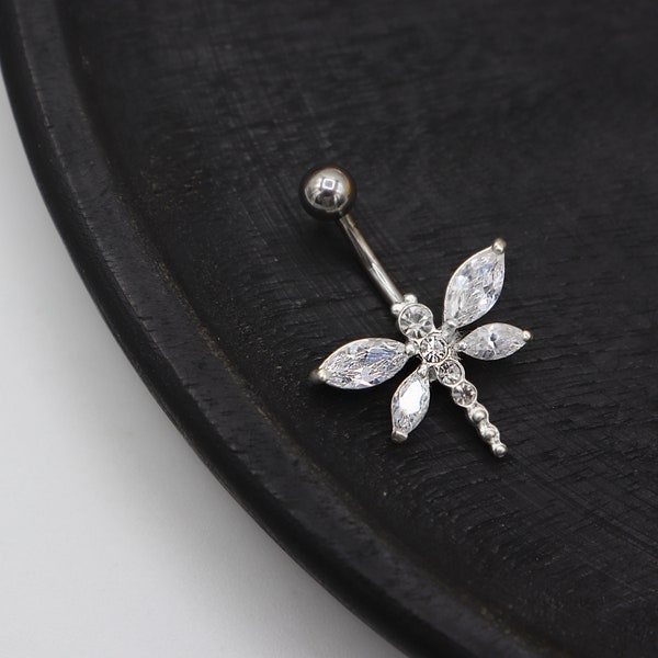 Prong Sterling Silver Belly Bar - Sterling Silver Dragonfly Belly Button Ring - Bar thickness 1.3mm