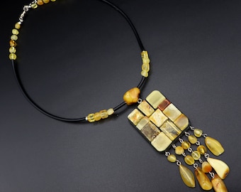 Handmade Leather-Based Amber Necklace - Stylish Abstract Jewelry