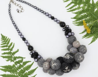 Black Wool Necklace - Felt Necklace - Designer necklace - Winter Necklace - Handmade Jewelry - Wool felted jewelry - Statement Necklace