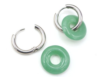 Natural Green Aventurine Silver Hoop Earrings, Green Earrings, Natural Aventurine donut hoop earrings