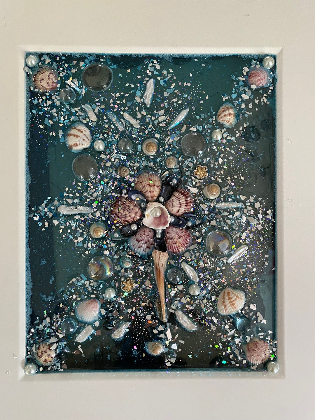 Sea Shell Glass Window Art Coastal Seascape Resin Art/ Shell Medley ...