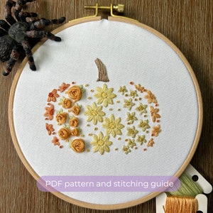 Floral Pumpkin Embroidery Pattern | Halloween | Fall | Harvest | Spooky Design | DIY Modern Hand Embroidery Pattern | Digital PDF | Spider |