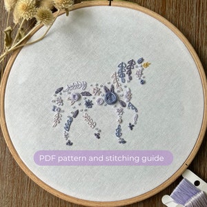 Unicorn / Horse Embroidery Pattern | Fantasy | Floral Design | Purple | Magical | DIY Modern Hand Embroidery Pattern | Digital PDF