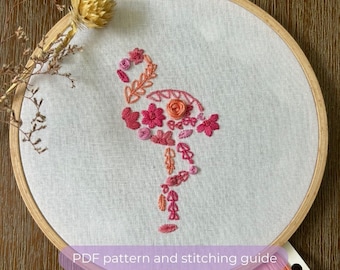Flamingo Embroidery Pattern | Tropical | Pink | Floral Design | Bird | DIY Modern Hand Embroidery Pattern | Digital PDF