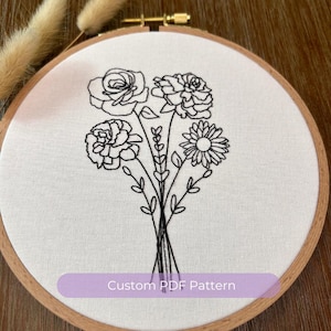 Può includere: Un cerchio da ricamo in bianco e nero con un motivo floreale. Il motivo presenta quattro fiori e foglie. Il cerchio ha una cornice in legno e uno sfondo in tessuto bianco. Il testo "Custom PDF Pattern" è stampato sul fondo del cerchio.