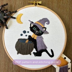 Borduurpatroon Witch Kitty | Halloween | Herfst | Kat | Griezelig ontwerp | DIY modern handborduurpatroon | Digitale pdf | Spin |