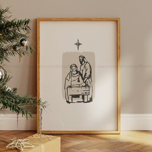 Arte de la Natividad Crema Beige Navidad Obra de Arte Religiosa Nacimiento de Jesús Arte Minimalista Abstracto Decoración Navideña Tonos Tierra Decoración Cristiana