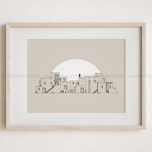 May include: A black and white line drawing of a village with a sun in the background. The village is made up of several buildings with flat roofs and windows. There is a person standing on the roof of one of the buildings.