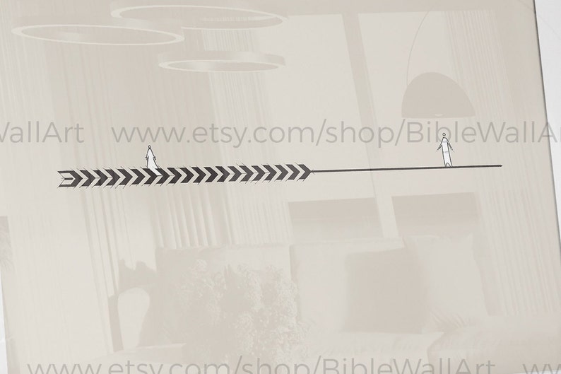 May include: A black and white illustration of two figures walking in opposite directions on a line with a black and white arrow pointing to the right. The text "wallArt www.etsy.com/shop/BibleWallArt" is at the top of the image.