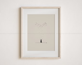 May include: A black and white minimalist illustration of a person with arms raised, surrounded by a flock of birds flying upwards. The background is a light beige color.