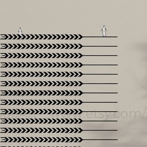 May include: Black and white minimalist art print featuring a series of horizontal lines with black arrows pointing to the right. Two stick figures are standing on the top line.