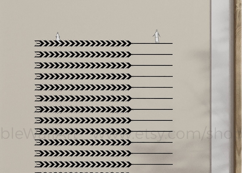 May include: Black and white minimalist art print featuring a series of horizontal lines with black arrows pointing to the right. Two stick figures are standing on the top line.