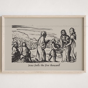 Impresión de Jesús alimenta a 5000 personas: Arte mural cristiano minimalista (descarga digital)