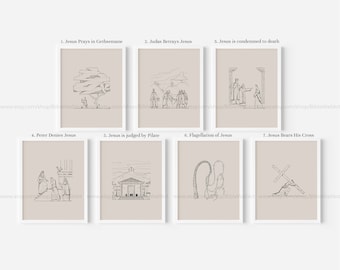 Láminas del Vía Crucis (1–7 de 14): Arte mural minimalista de la Pasión de Cristo, Pascua, historia bíblica cristiana, decoración del hogar basada en la fe.