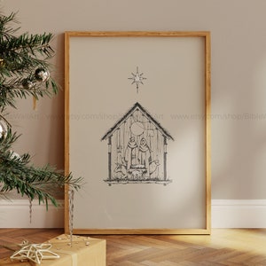 Arte de la Natividad Crema Beige Tarjeta de Navidad Religiosa Decoración Espiritual Impresión Navideña Estética Letrero Navideño Neutro Nacimiento de Jesús