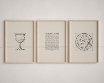 Heilige Kommunion, Lords Supper, Set von 3 Bibeldrucken, christliches modernes Poster, minimalistisches christliches Küchendekor, religiöse Esszimmerdekoration