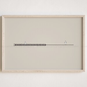 May include: A minimalist black and white illustration of two stick figures walking in opposite directions on a line with a series of black arrows pointing to the right. The background is a light beige color.