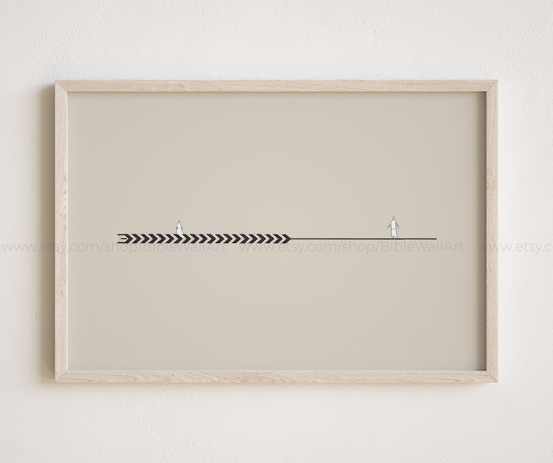 May include: A minimalist black and white illustration of two stick figures walking in opposite directions on a line with a series of black arrows pointing to the right. The background is a light beige color.