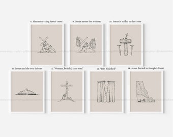 Stations of the Cross Prints (8–14 of 14) – Minimalist Passion of Christ Easter Wall Art Christian Bible Story Poster Faith-Based Home Decor