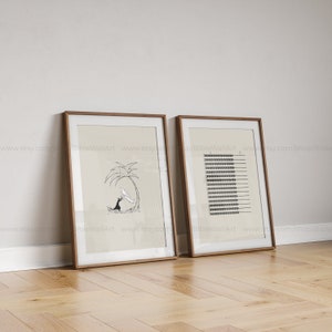 May include: Two framed prints with black and white illustrations. The first print shows a person reaching up to a dove under a palm tree. The second print shows a series of wheat stalks.