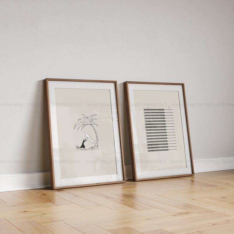 May include: Two framed prints with black and white illustrations. The first print shows a person reaching up to a dove under a palm tree. The second print shows a series of wheat stalks.