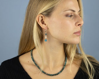 Apatite Jewelry Set | Beaded Necklace + Dangle Earrings | Sterling Silver Jewelry Set | Blue Apatite Jewelry | Dainty Jewelry Set