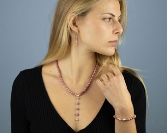 Rhodonite Jewelry Set | Lariat Necklace + Beaded Bracelet + Dangle Earrings | Sterling Silver Jewelry Set | Pastel Rose Rhodonite Gemstones