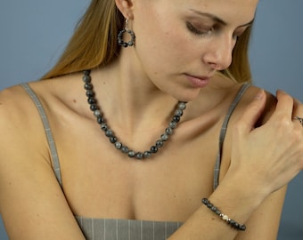 Labradorite Jewelry Set | Beaded Necklace + Beaded Bracelet + Dangle Hoop Earrings | Sterling Silver Jewelry Set | Norwegian Labradorite