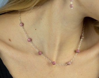Rhodonite Necklace | Choker Necklace | Sterling Silver Necklace | Beaded Chain Necklace For Women | Pastel Rose Rhodonite | Lobster Clasp