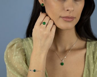 Jade Jewelry Set | Pendant Necklace + Bracelet + Stud Earrings + Adjustable Ring | Sterling Silver Jewelry Set | Green Jade Gemstones