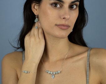 Aquamarine Jewelry Set | Personalized Bar Necklace + Bar Bracelet + Cluster Earrings | Sterling Silver Jewelry Set | Light Blue Aquamarine
