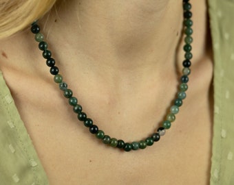 Moss Agate Necklace | Sterling Silver Necklace | Beaded Necklace | Green Moss Agate Natural Gemstones | Lobster Clasp