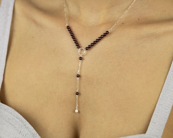 Garnet Necklace | Lariat & Y Necklace | Sterling Silver Necklace | Beaded Chain Necklace | Dark Red Garnet Gemstones | Lobster Clasp