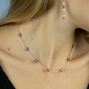Rhodonite Necklace | Choker Necklace | Sterling Silver Necklace | Beaded Chain Necklace For Women | Pastel Rose Rhodonite | Lobster Clasp