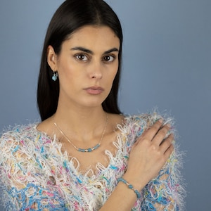 Ensemble de bijoux en quartz bleu | Collier barre + bracelet barre + boucles d&#39;oreilles pendantes | Ensemble de bijoux en argent sterling | Quartz Gemmes