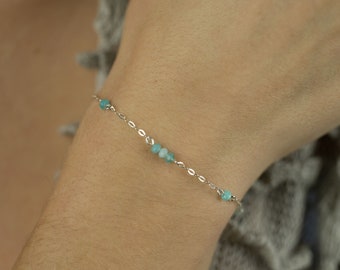 Amazonite Bracelet | Beaded Chain Bracelet | Sterling Silver Bracelet | Dainty Bracelet For Women | Blue Amazonite | Lobster Clasp