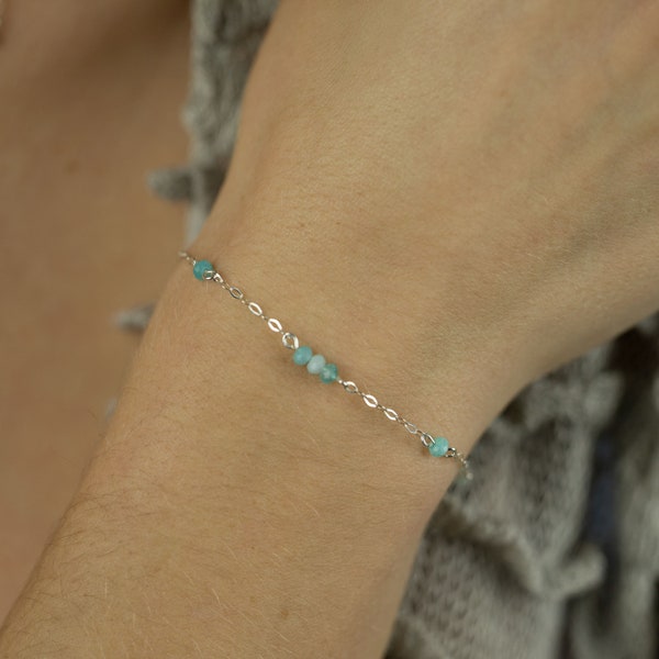 Amazonite Bracelet | Beaded Chain Bracelet | Sterling Silver Bracelet | Dainty Bracelet For Women | Blue Amazonite | Lobster Clasp