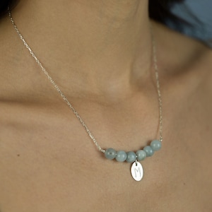 Collar personalizado / Collar de aguamarina / Collar de barra con cuentas / Collar de plata esterlina / Personalización de letra inicial