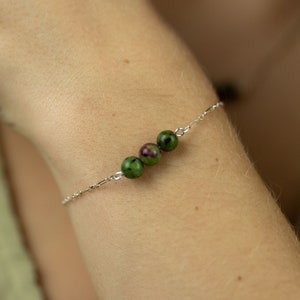 Ruby Zoisite Bracelet | Bar Bracelet | Sterling Silver Bracelet | Green & Pink Ruby Zoisite Stones | Beaded Chain Bracelet