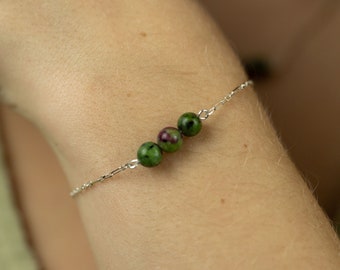 Ruby Zoisite Bracelet | Bar Bracelet | Sterling Silver Bracelet | Green & Pink Ruby Zoisite Stones | Beaded Chain Bracelet