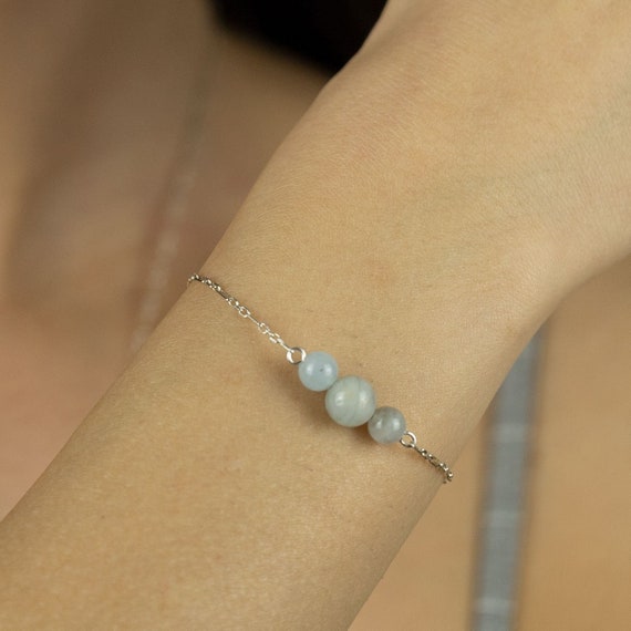 Bracelet En Argent 925 Avec Aigue-marine Ovale - Fait Main, Pierre Non Traitée - Bijou Réglable