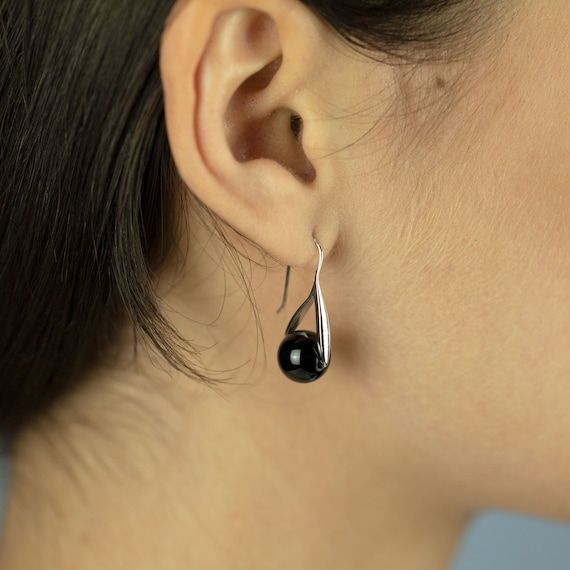 Black Agate Earrings Dangle Earrings Sterling Silver Chic Earrings Classy Earrings Hook Earrings Etsy