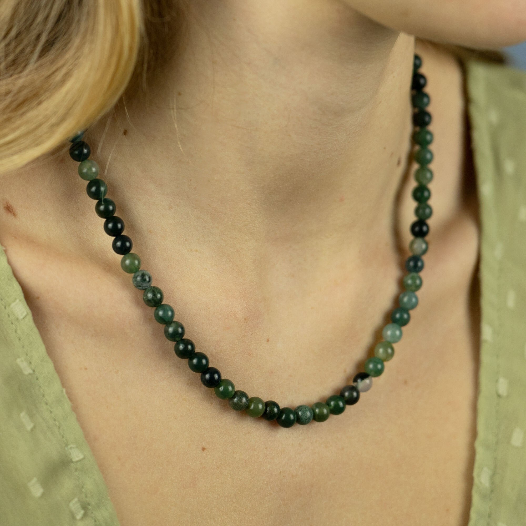 Moss Agate Necklace | Sterling Silver Necklace | Beaded Necklace | Green Moss Agate Natural Gemstones | Lobster Clasp