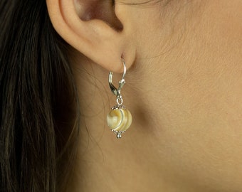 Mother of Pearl Earrings | Dangle Earrings | Sterling Silver | Beige Mother of Pearl | Minimalist Earrings | Lever Back Clasp