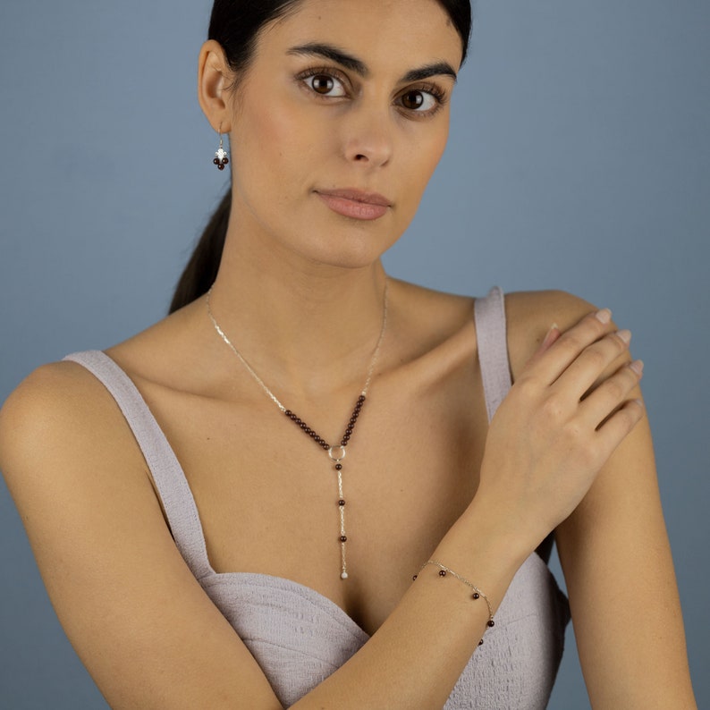 Ensemble de bijoux grenat Collier Lariat Bracelet Pendant Boucles d'Oreilles Chandelier Ensemble de bijoux en argent sterling Pierres gemmes de grenat rouge image 2