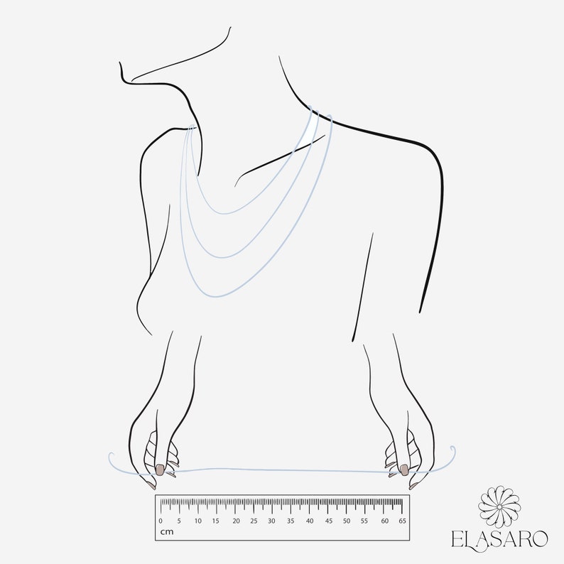 May include: A line drawing of a person wearing a layered necklace. A ruler is shown below the person's hands, with measurements in centimeters from 0 to 65.